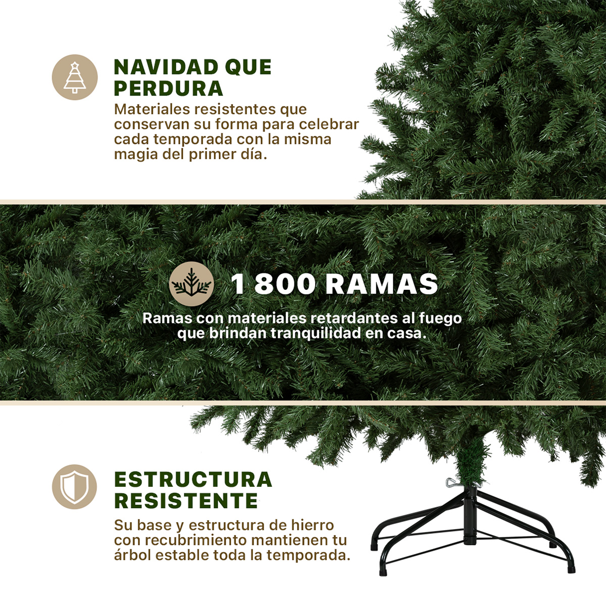 Árbol de Navidad Artificial Pino Clásico 2.2m 1800 Ramas para Temporada Navideña Verde ESQUIMAL