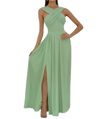 sangria bridesmaid dresses High Neck A-Line Bridesmaid Dress Wiht Slit in Sangria