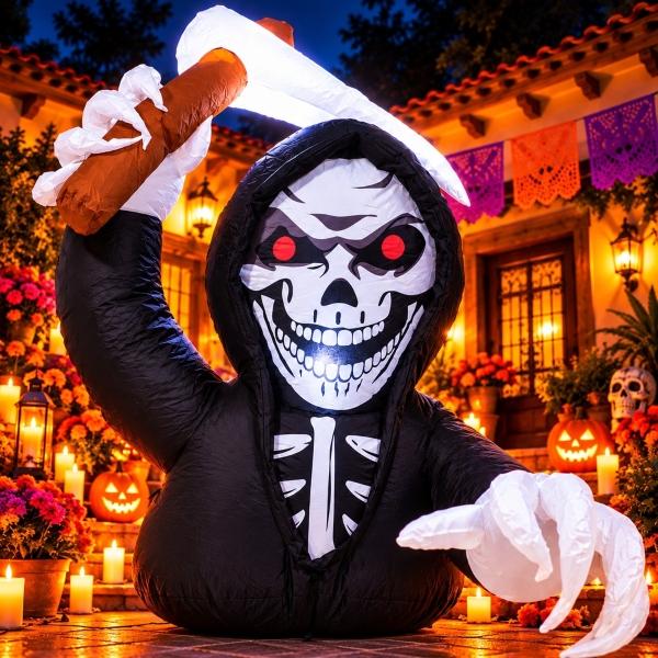 Esqueleto Calavera Emergente Inflable Halloween Luces 122 Cm Negro Jardimex