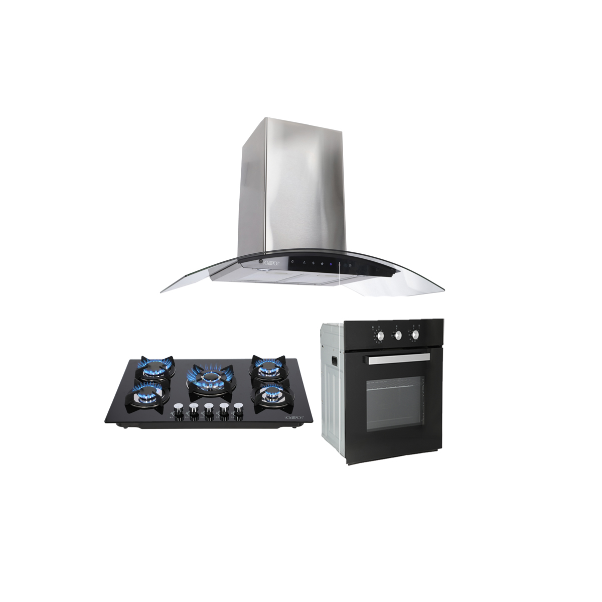 TRICOMBO Campana 90cms Cristal Curvo Tipo Pared Cont Dig + Parrilla de Cristal 76 cm Cristal Templ Negro + Horno Gas 60 cm.