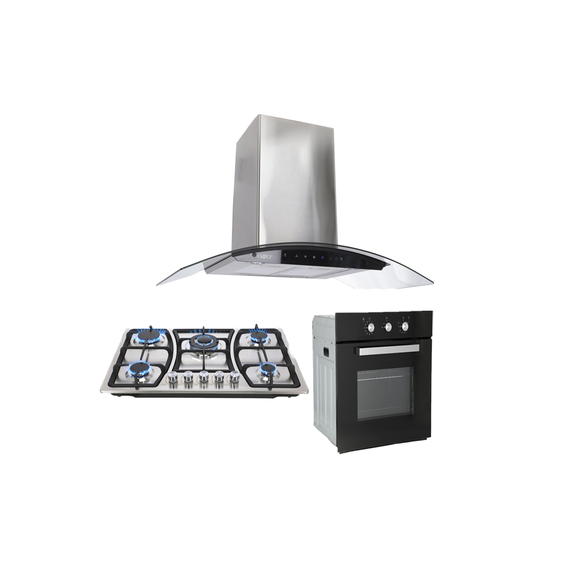 TRICOMBO Campana 90cms Cristal Curvo Tipo Pared Control Digital + Parrilla 76 cm Acero Inox 5 Q + Horno Gas 60 cm.