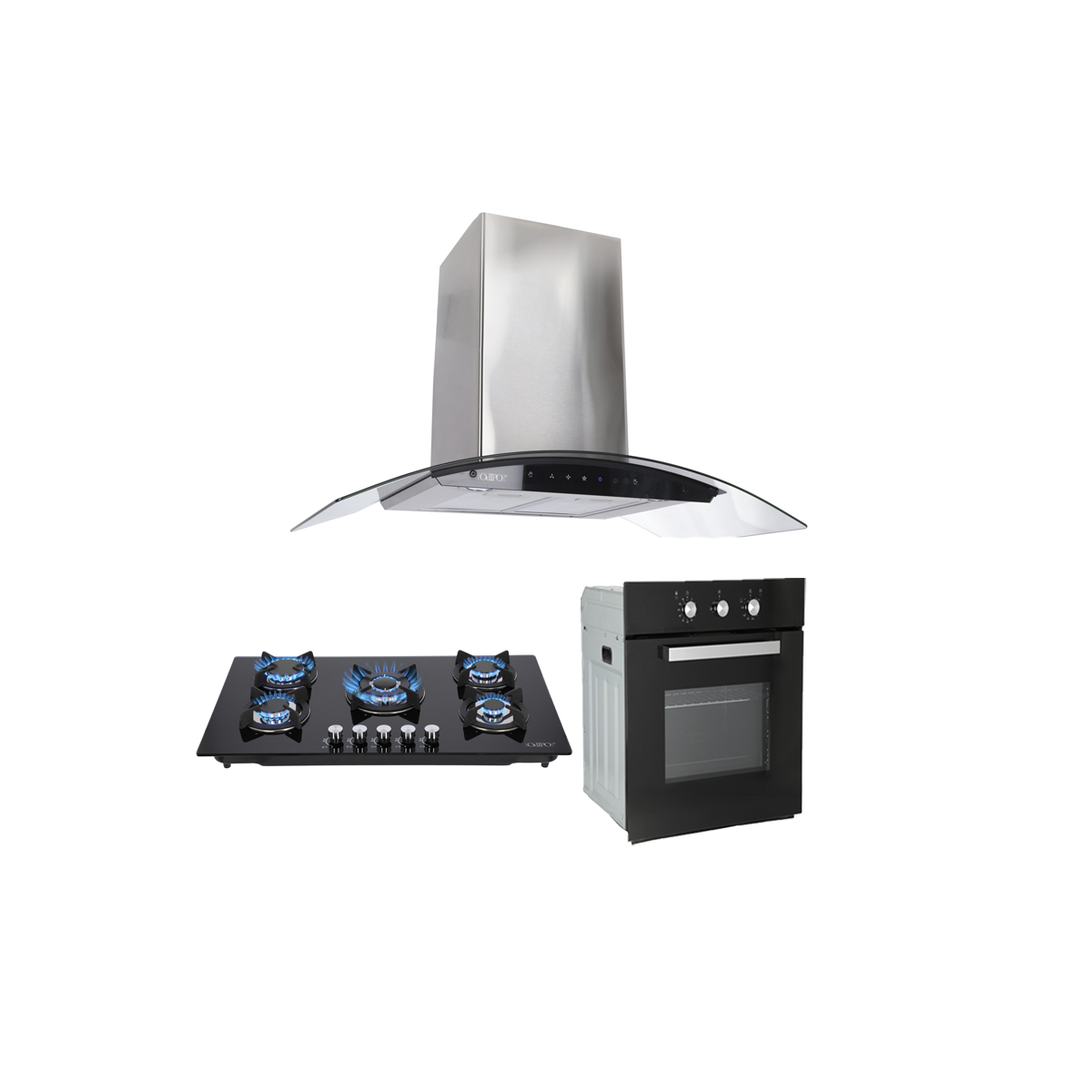 TRICOMBO Campana 90cms Cristal Curvo Tipo Pared Control Digit + Parrilla Cristal Templ Negro 87cm 5 Q + Horno Gas 60 cm.