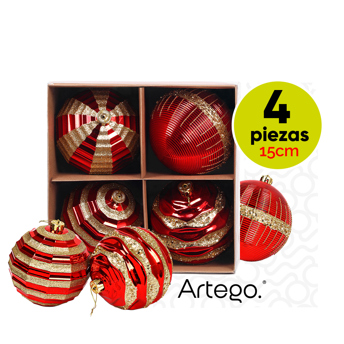 Esferas para árbol de navidad Artego extra grandes de 15 cm de diámetro paq Circus 4 acabados rojo y dorado, para colgar