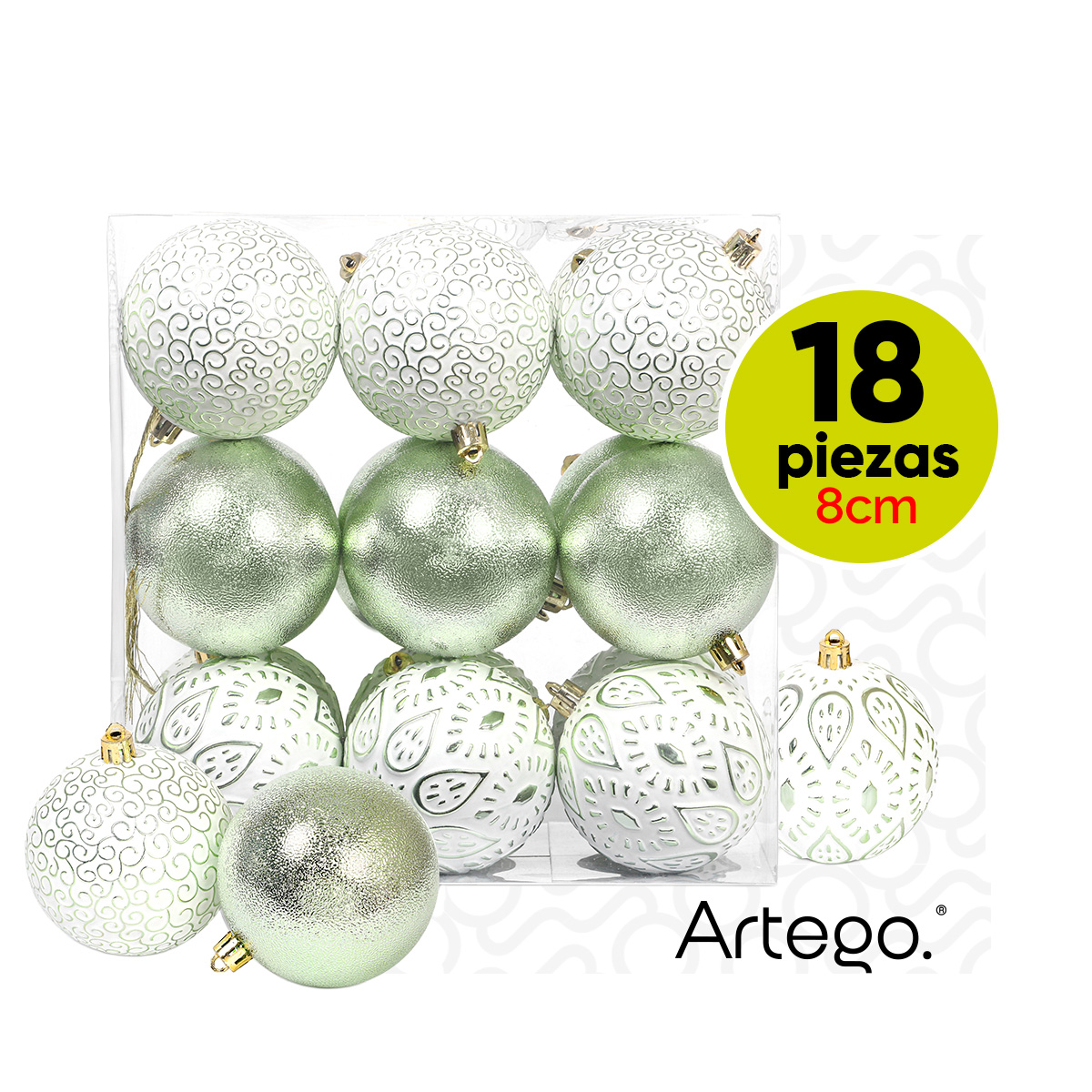 Esferas para árbol navidad Artego de 8 cm de diámetro paq 18 esferas Verde claro *Línea Detail estilos emboss y cromado