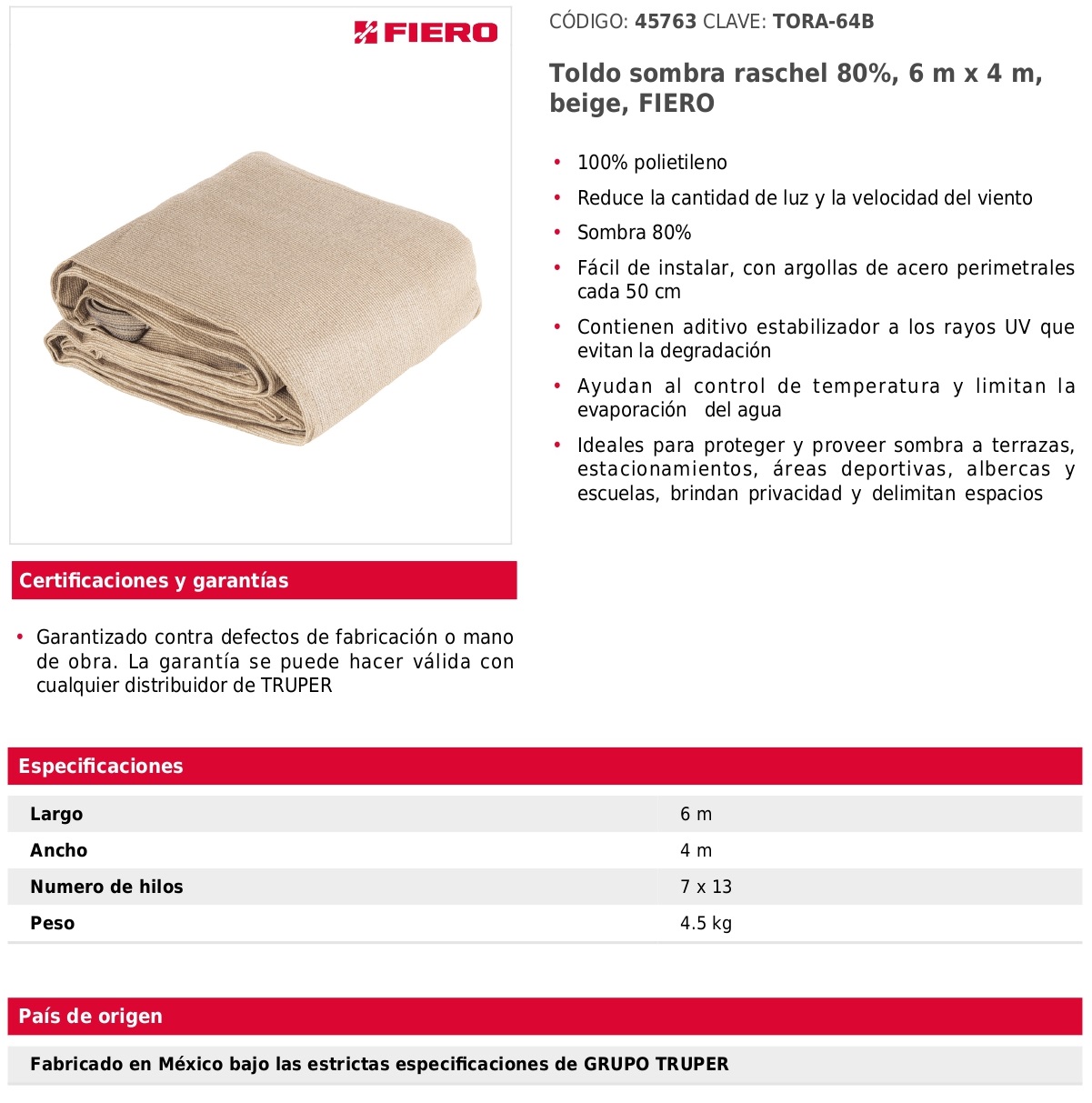 Toldo sombra raschel 80%, 6 m x 4 m, beige, FIERO