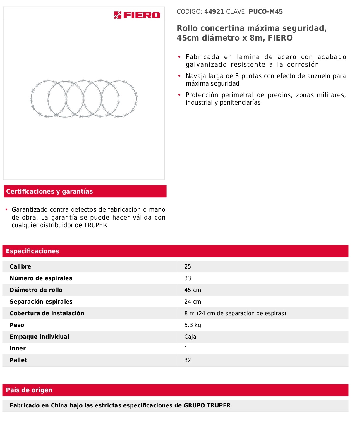 Rollo concertina máxima seguridad, 45cm diámetro x 8m, FIERO