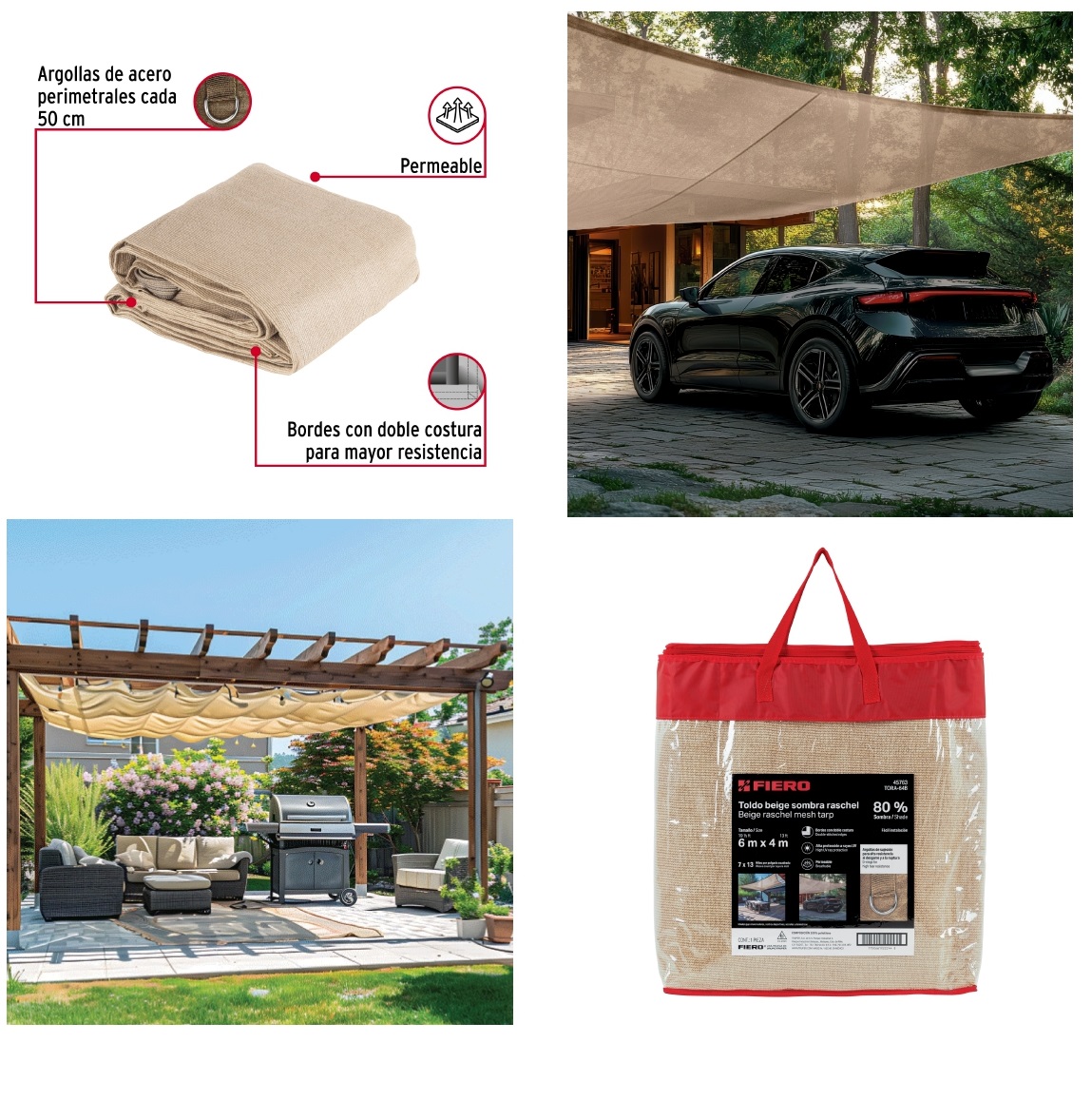 Toldo sombra raschel 80%, 6 m x 4 m, beige, FIERO