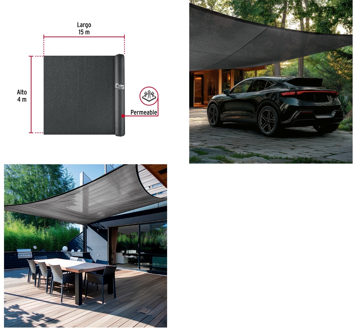 Rollo de malla sombra raschel 90% de 15m x 4m, negro, FIERO