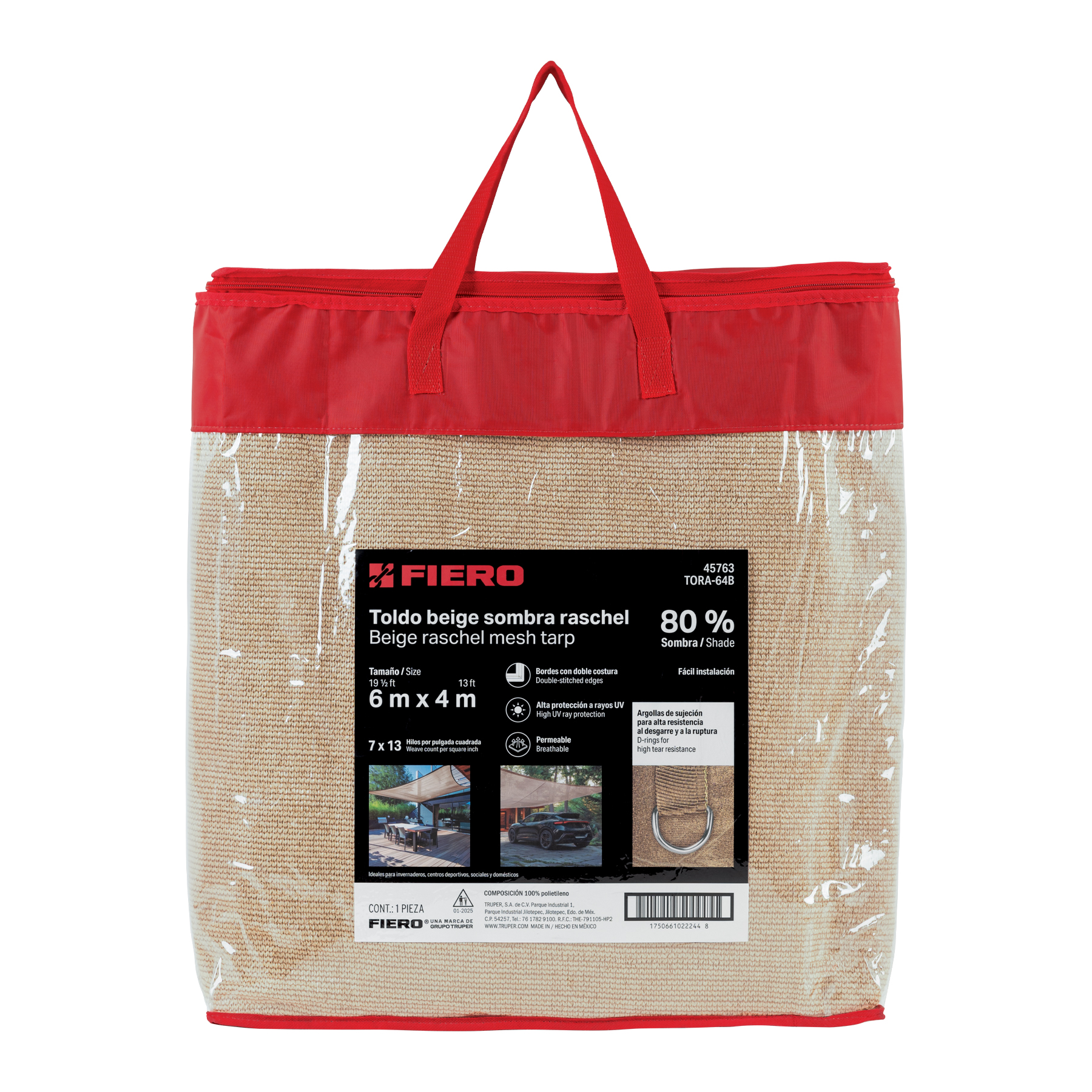 Toldo sombra raschel 80%, 6 m x 4 m, beige, FIERO