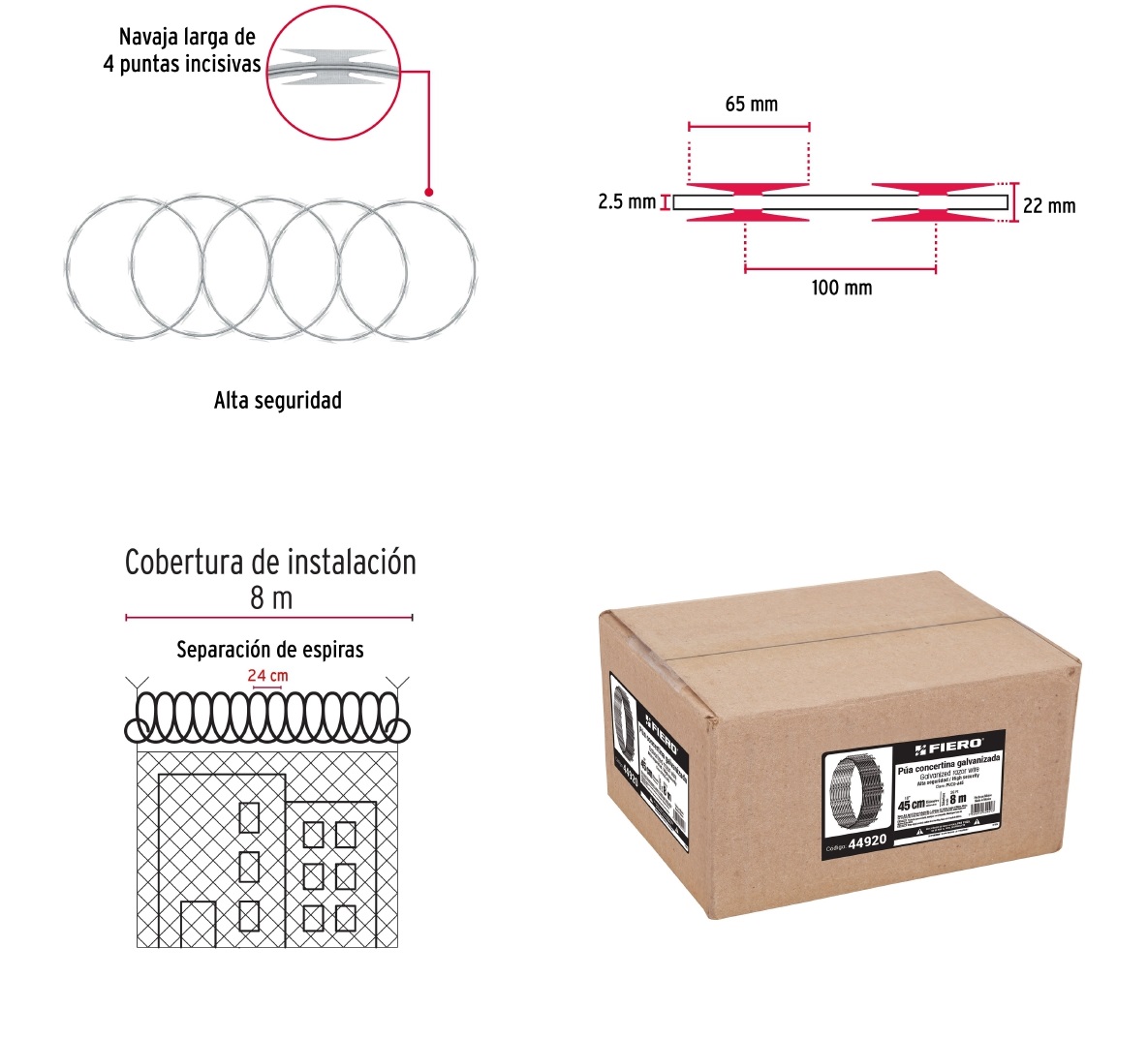 Rollo concertina alta seguridad, 45cm diámetro x 8m, FIERO