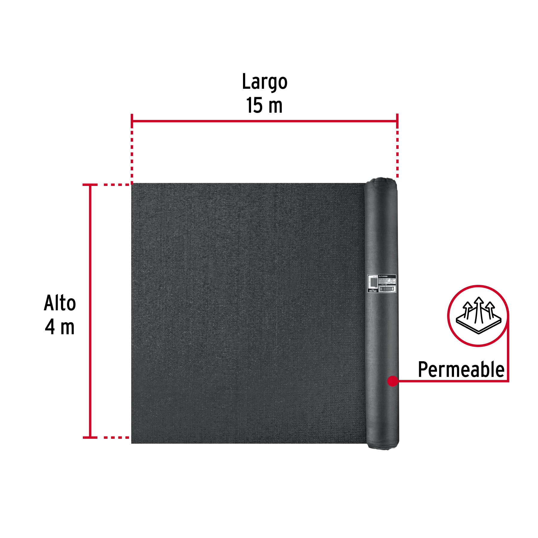 Rollo de malla sombra raschel 90% de 15m x 4m, negro, FIERO