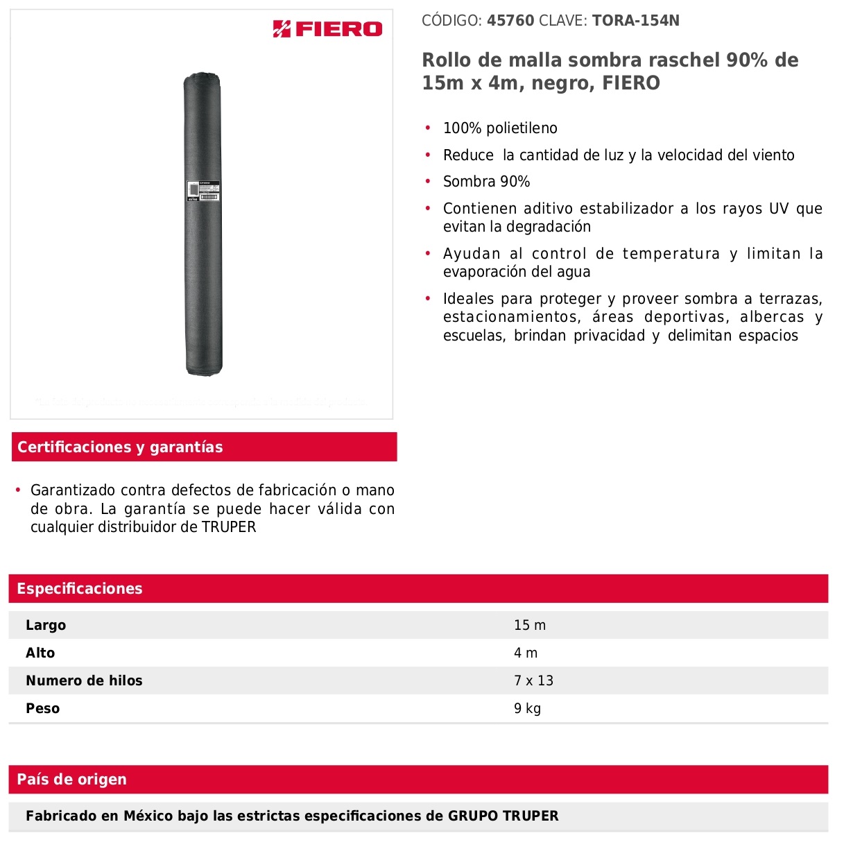 Rollo de malla sombra raschel 90% de 15m x 4m, negro, FIERO