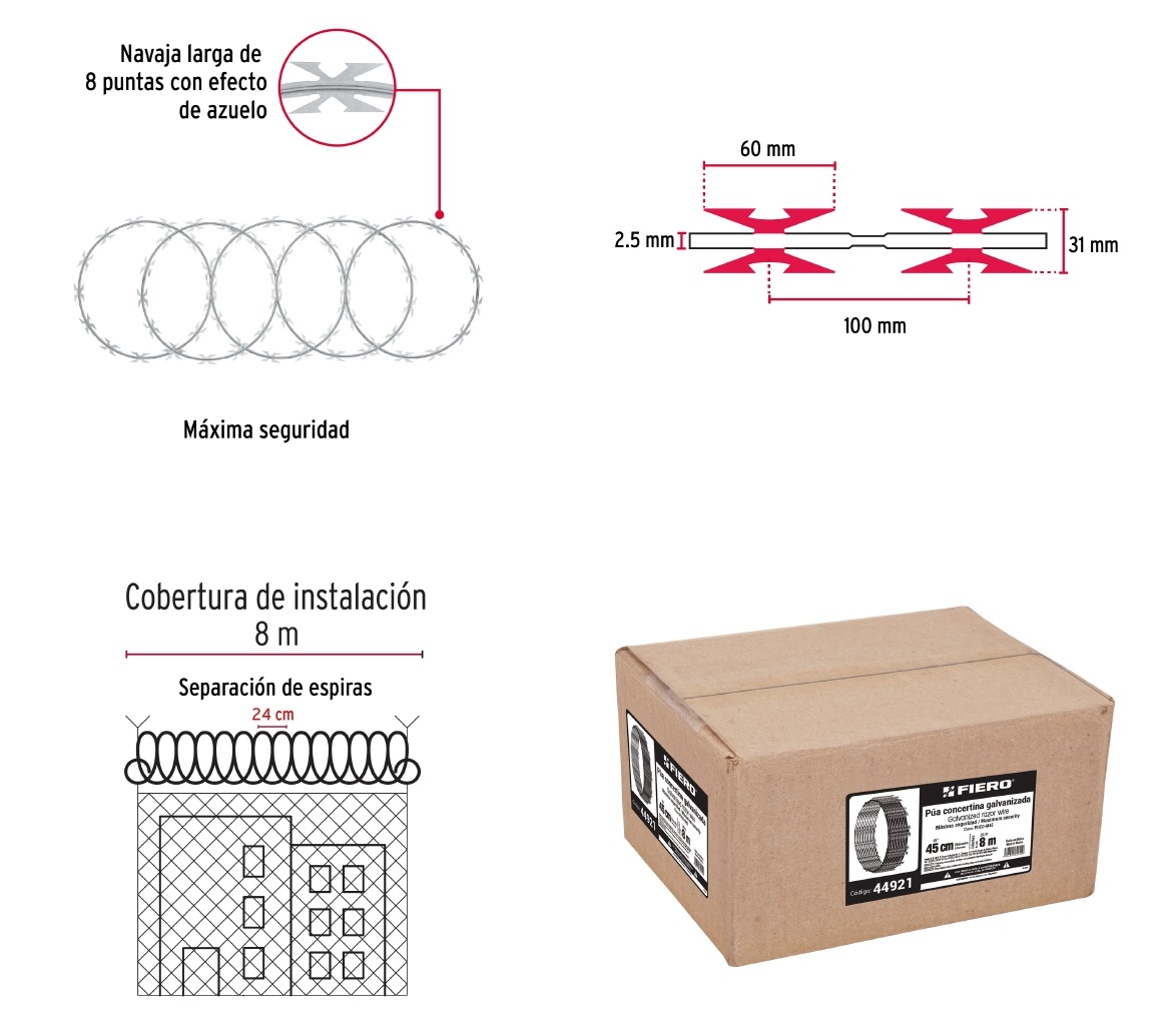 Rollo concertina máxima seguridad, 45cm diámetro x 8m, FIERO
