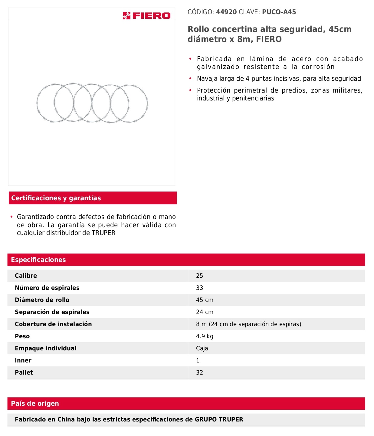 Rollo concertina alta seguridad, 45cm diámetro x 8m, FIERO
