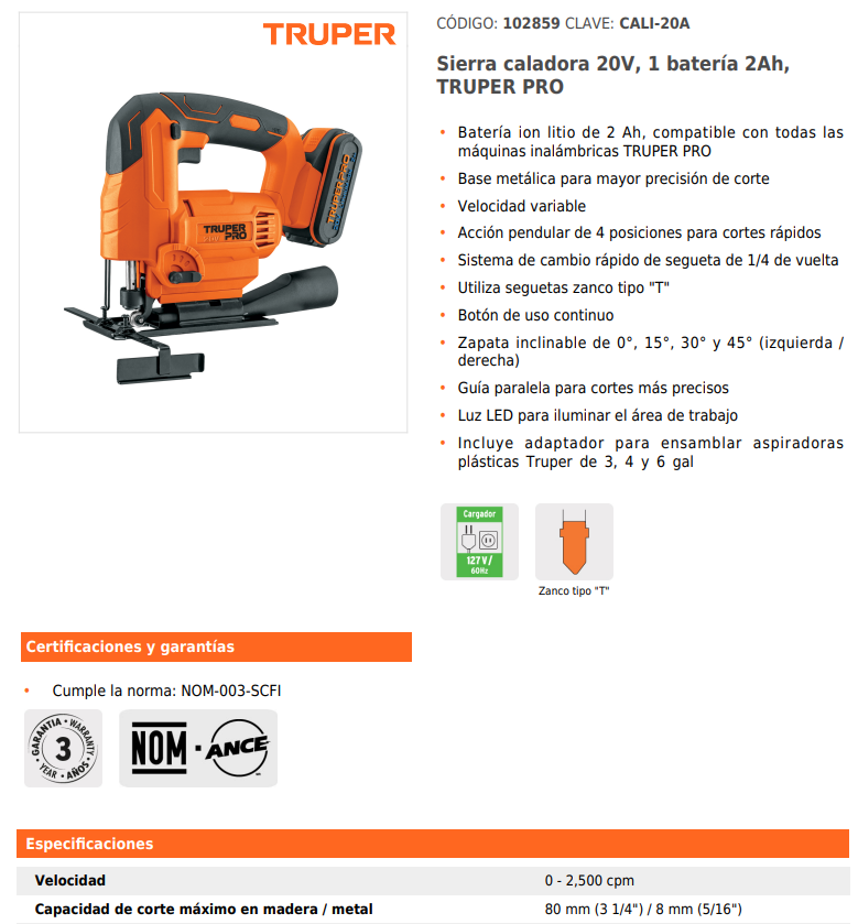 Sierra caladora Inalambrica 20V de velocidad variable , 1 batería 2Ah, TRUPER PRO