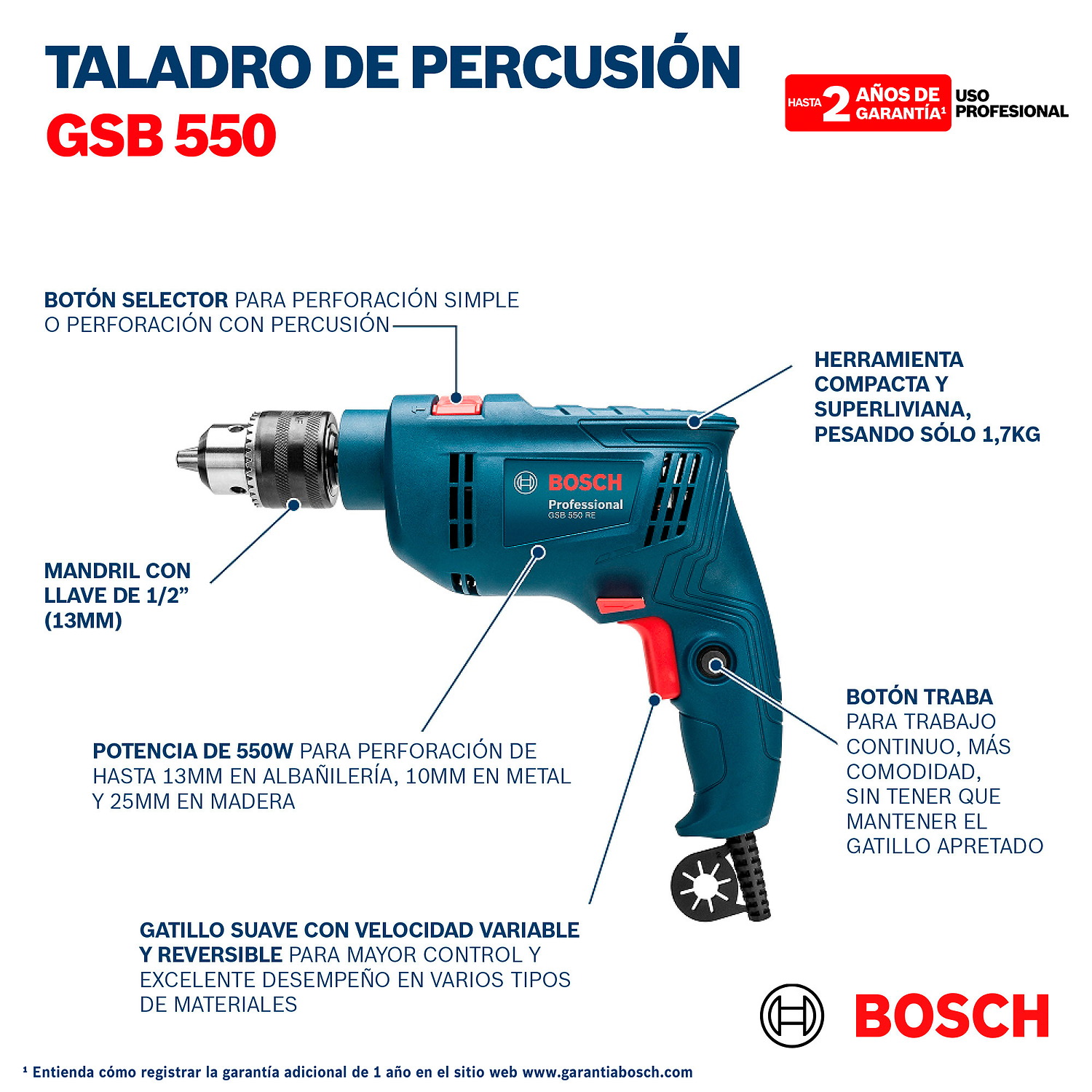 Rotomartillo Bosch GSB 550 RE 550W 127V CON 34 ACCESORIOS