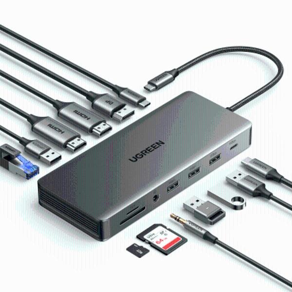 Docking Station USB-C 12 en 1 / 2 HDMI 4K@60Hz + DisplayPort 4K@60Hz / 6 Puertos USB (3.2 y 3.0) / Gigabit Ethernet / Lector SD/TF / Audio 3.5mm / PD 100W / Compatibilidad Multipla