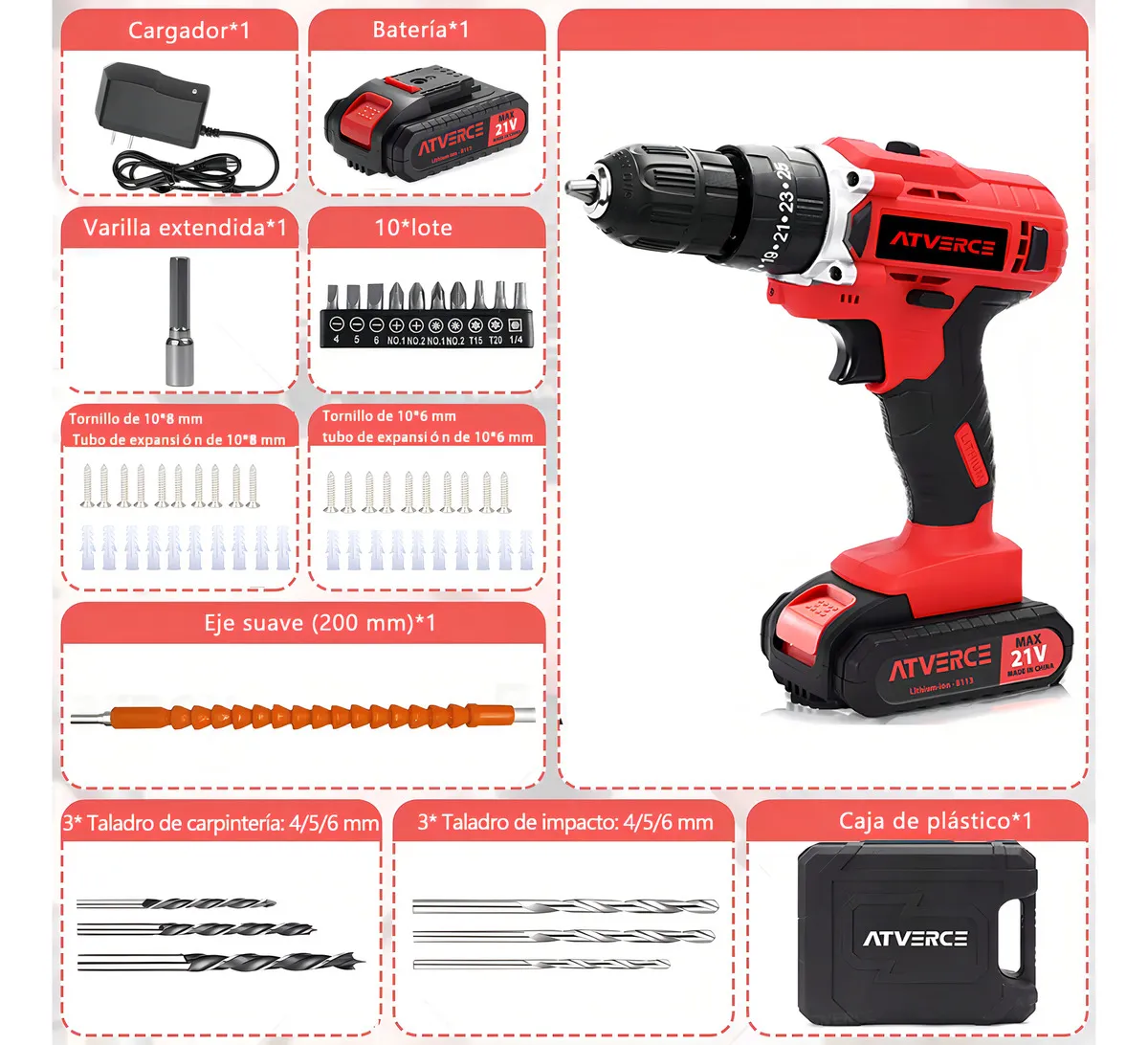 Kit Taladro Impacto Eléctrico Atornillador Inalámbrico Color Rojo Atverce
