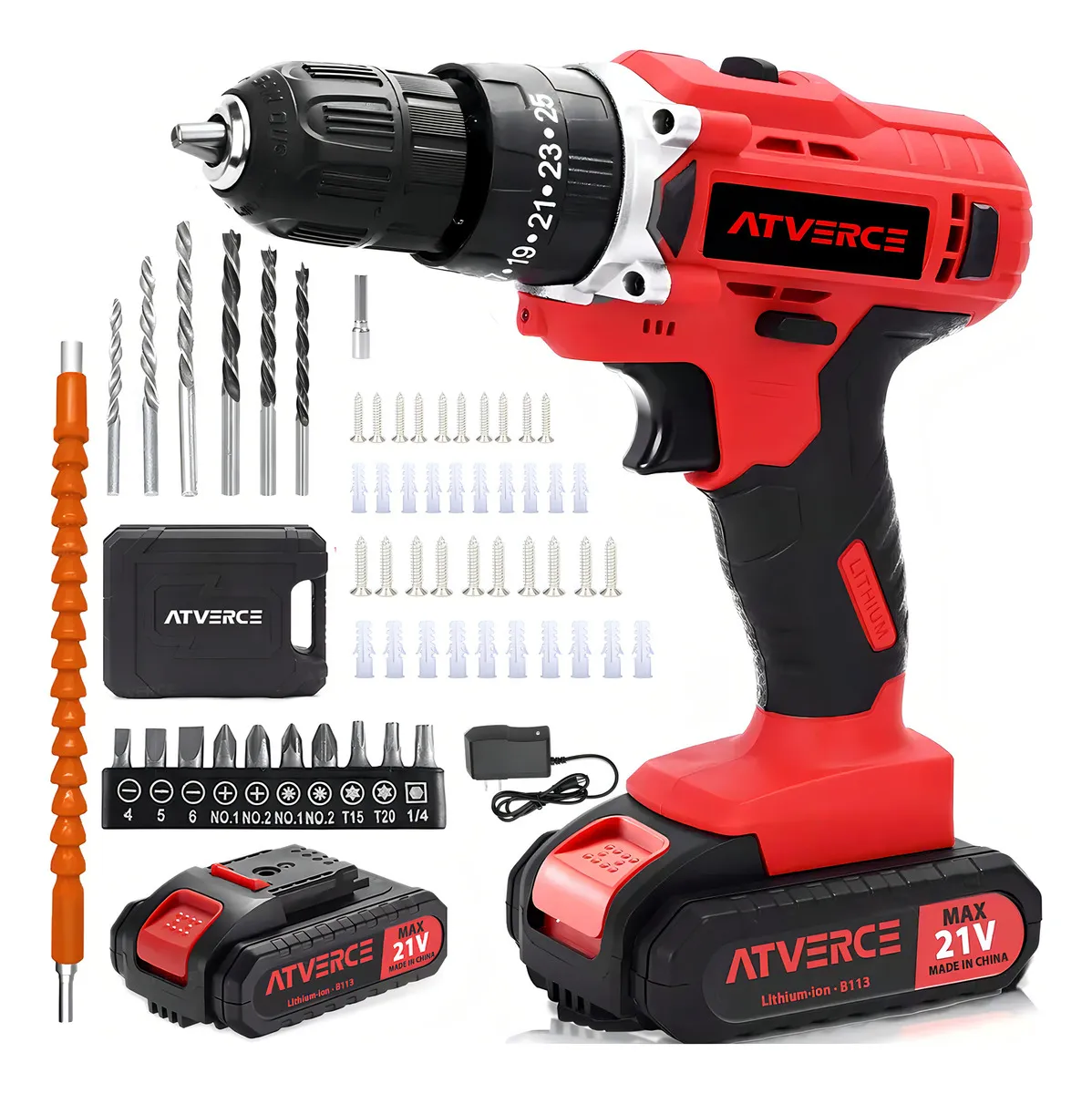 Kit Taladro Impacto Eléctrico Atornillador Inalámbrico Color Rojo Atverce