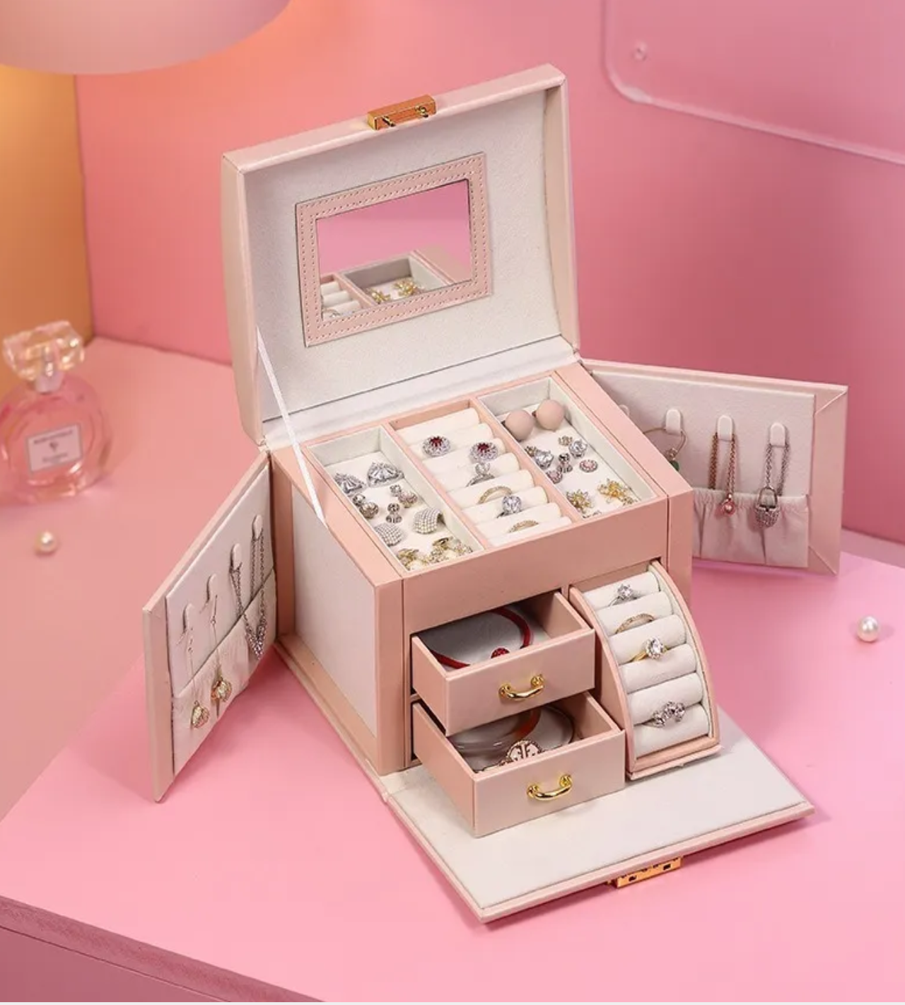Joyero Organizador De 3 Capas, Cajas De Exhibición De Joyería rosa claro