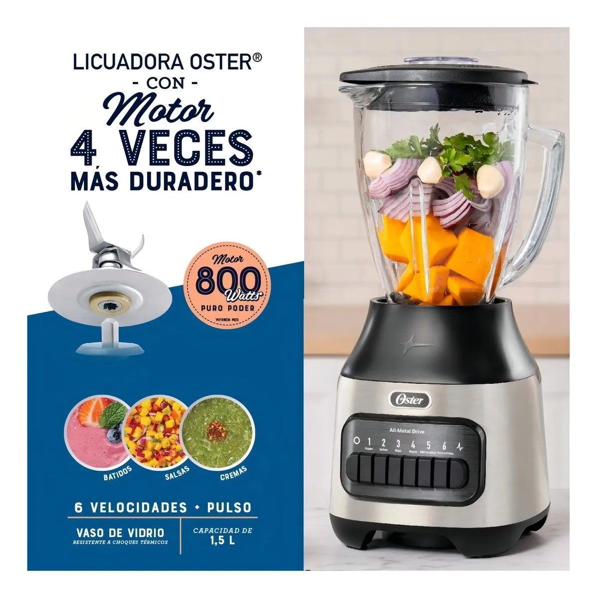  Oster Licuadora 6 Velocidades color plata Con Pulso + Vaso BNG de 600 ml 