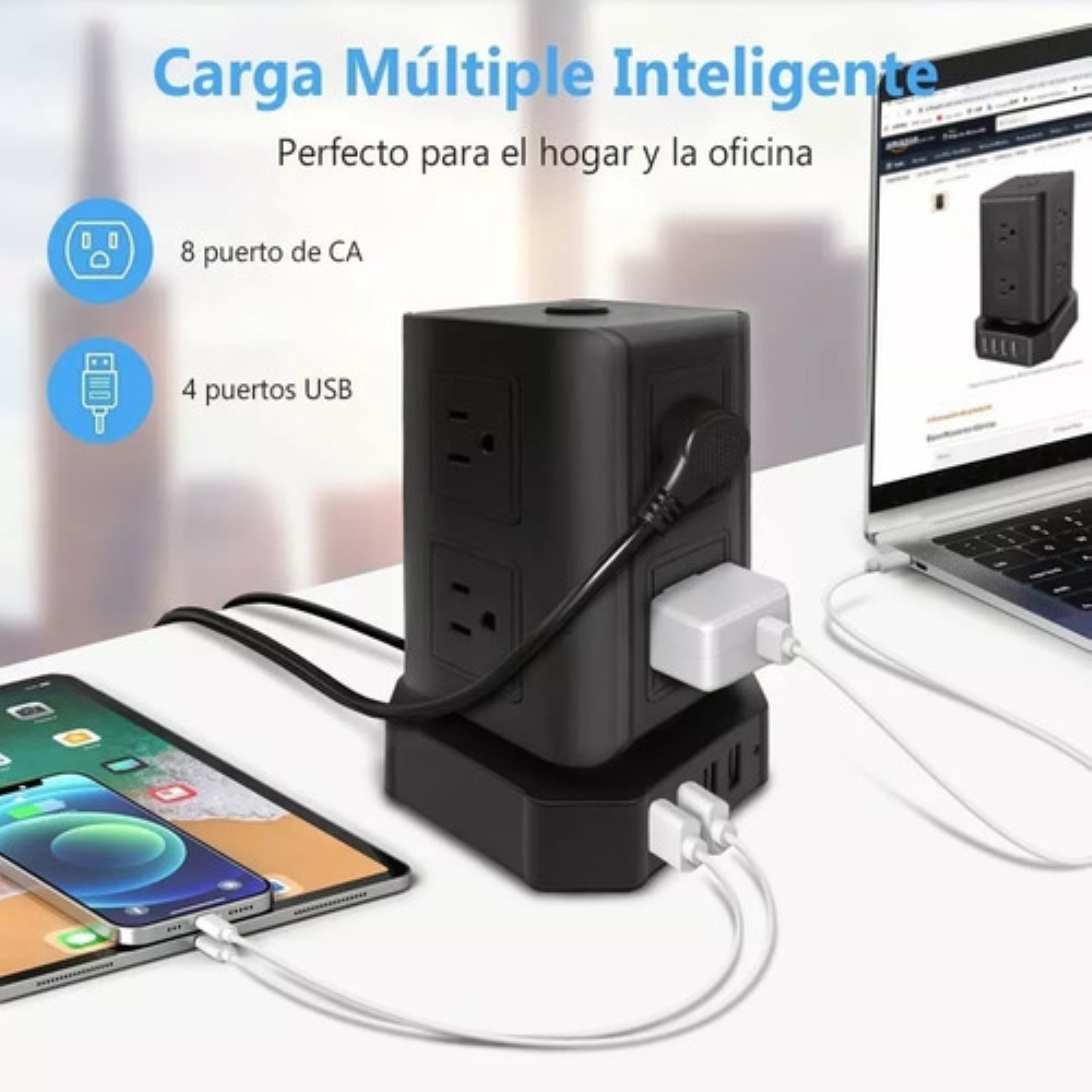 Regleta Multicontacto Tipo Torre D/8 Salidas Y 4 Puertos Usb Negro