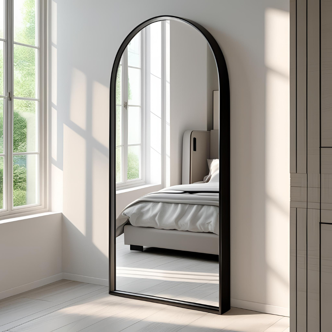 RIVALINK Espejo de Piso Cuerpo Completo con Arco Superior 50x160 cm – Marco de Aluminio y Estante Negro