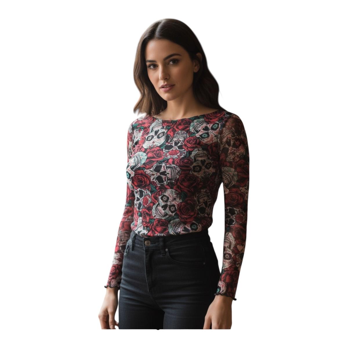 Blusa Mesh Transparente Mujer Diseño Calavera Día De Muertos