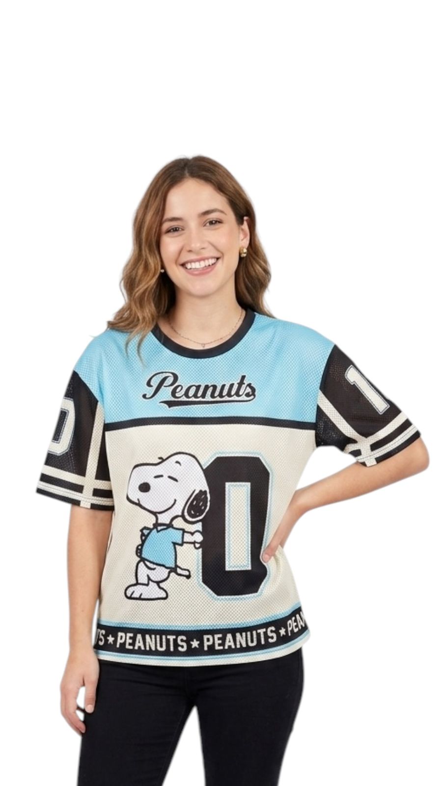 Playera Jersey Dama Snoopie Peanuts Estilo Béisbol Rayada