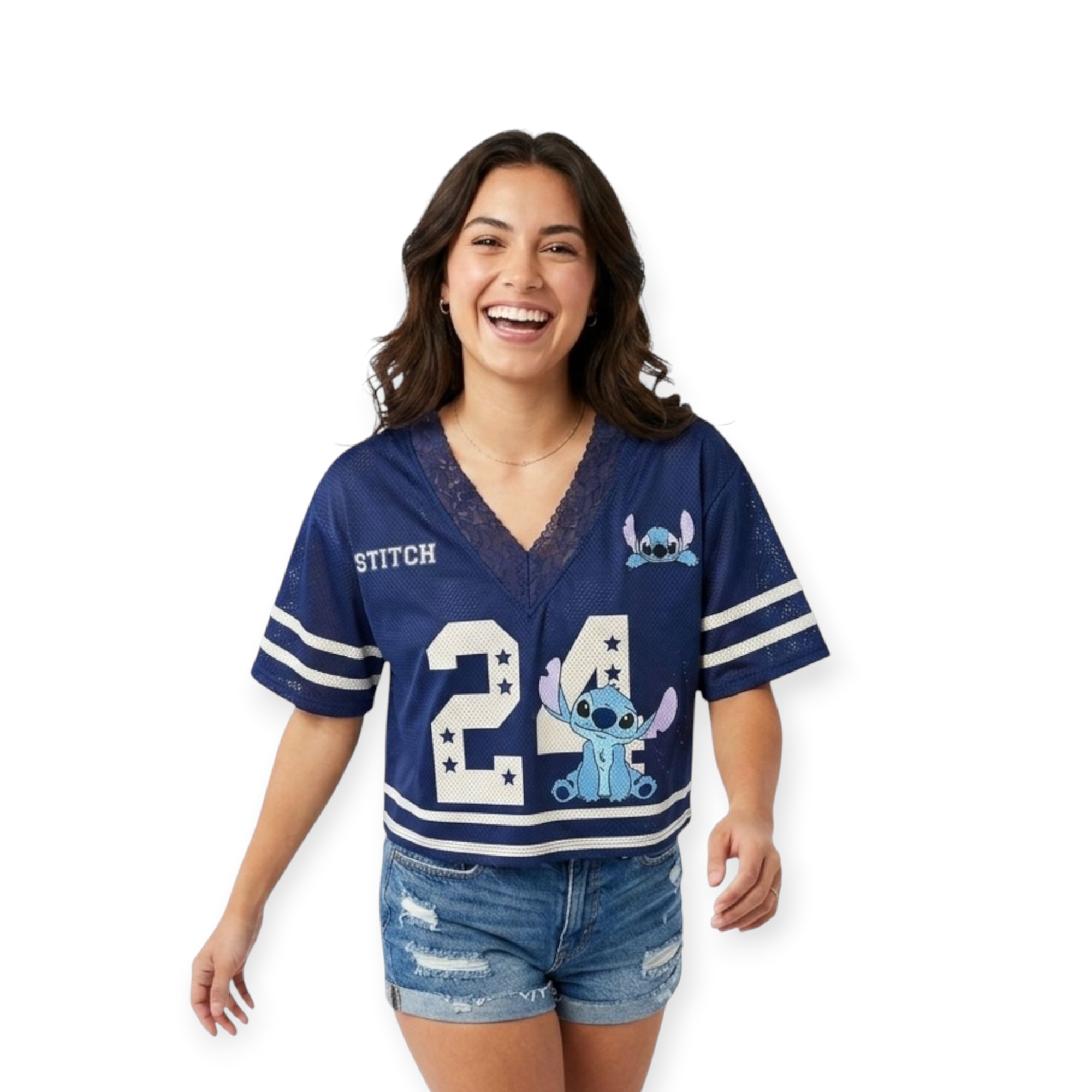 Playera Crop Top Dama Stitch Estilo Jersey Futbol Americano