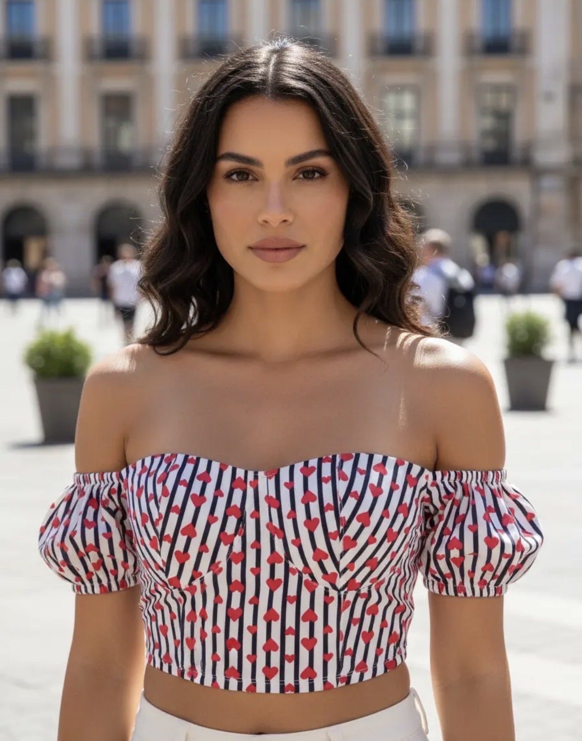 Crop Top Strapless con Copas Estampado de Corazones | Blusa Off Shoulder para Mujer