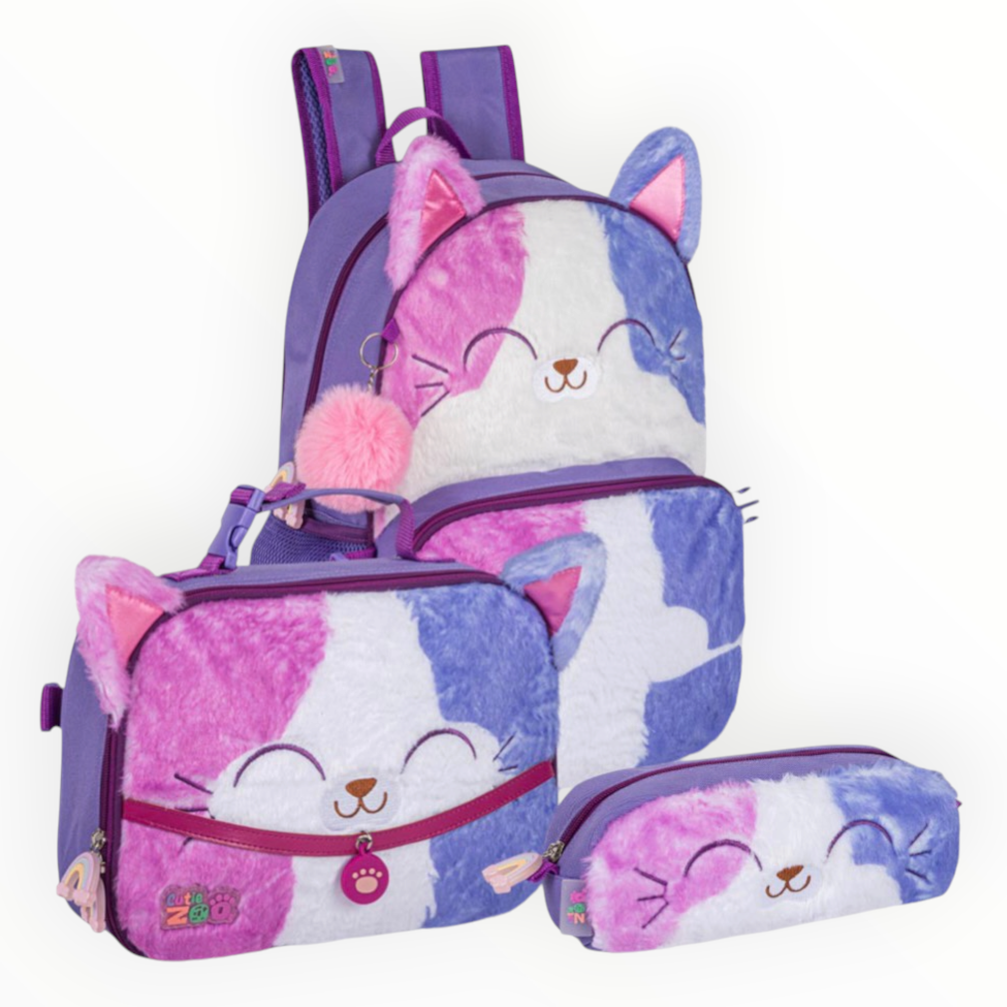 Set Escolar Cutie Zoo 3 Piezas Gatito Peluche Mochila + Lonchera + Lapicera 30x44x15 cm