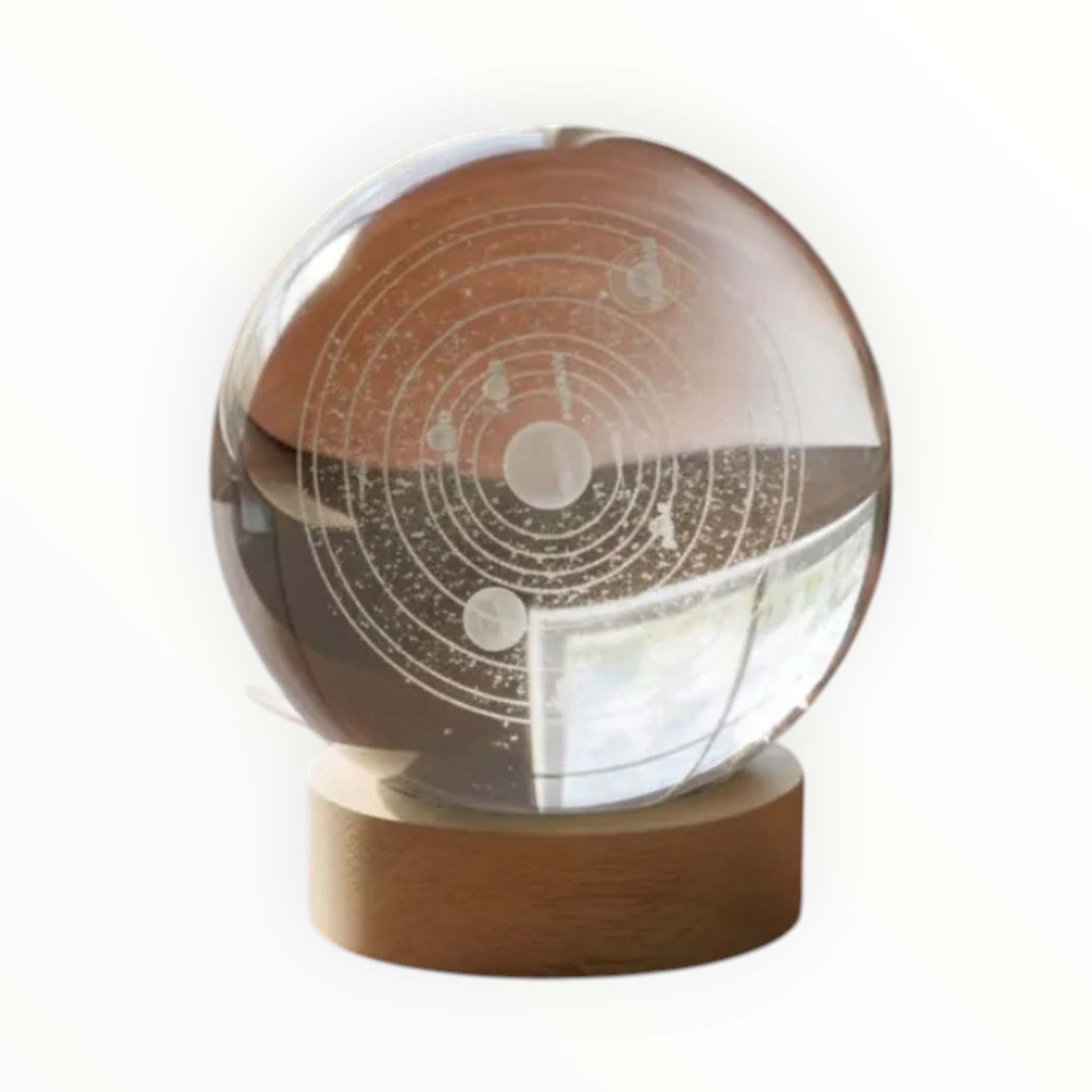 Lámpara Decorativa Esfera Cristal 3D Sistema Solar con Base de Madera LED USB 10 cm