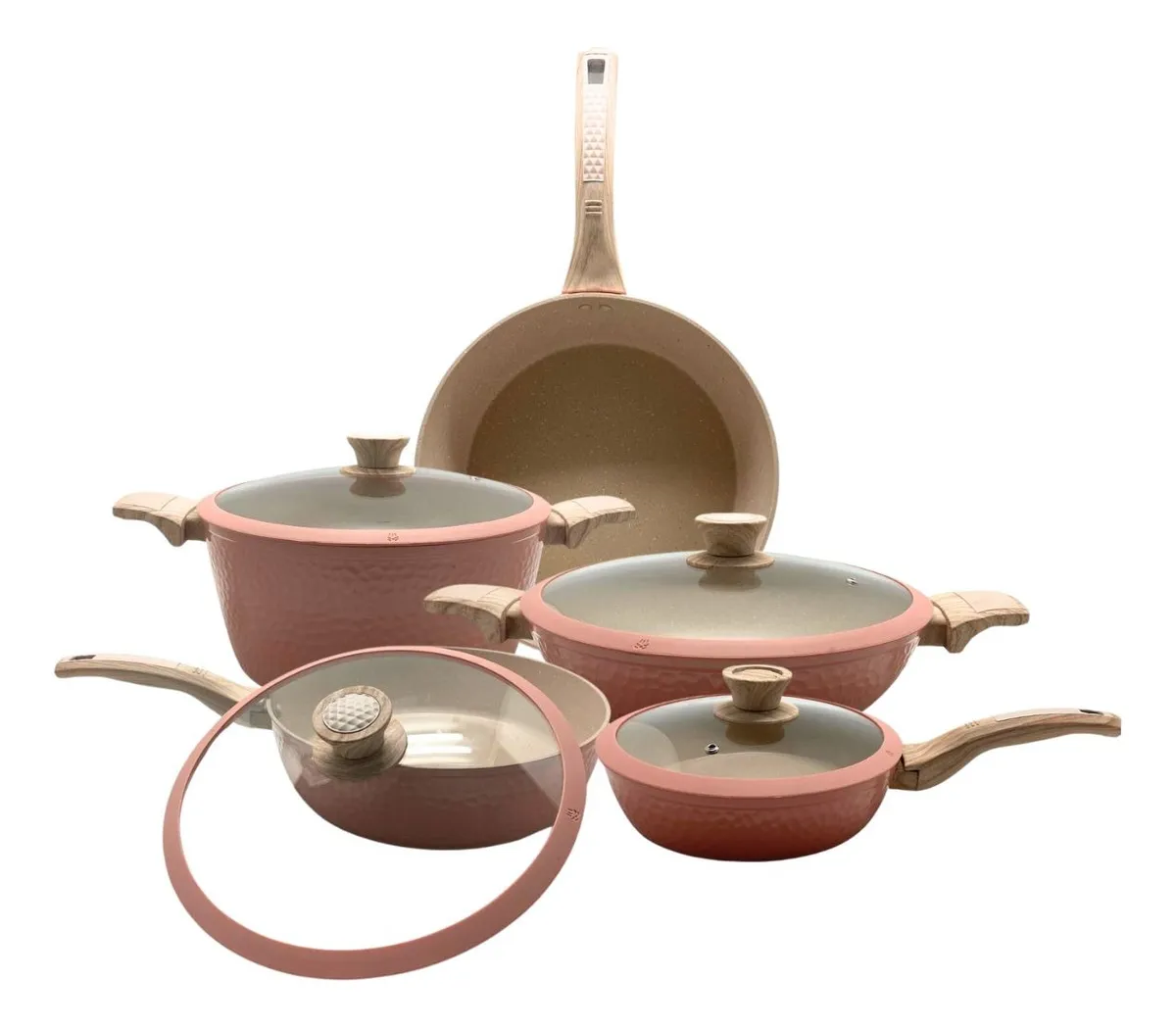 Batería De Cocina Rosa 10 Piezas Antiadherente Amartillada Rosa