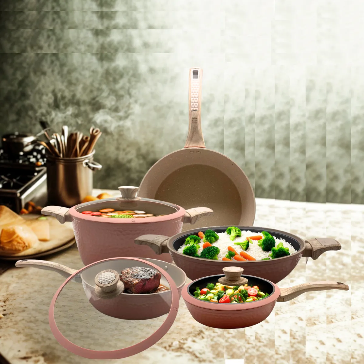Batería De Cocina Rosa 10 Piezas Antiadherente Amartillada Rosa