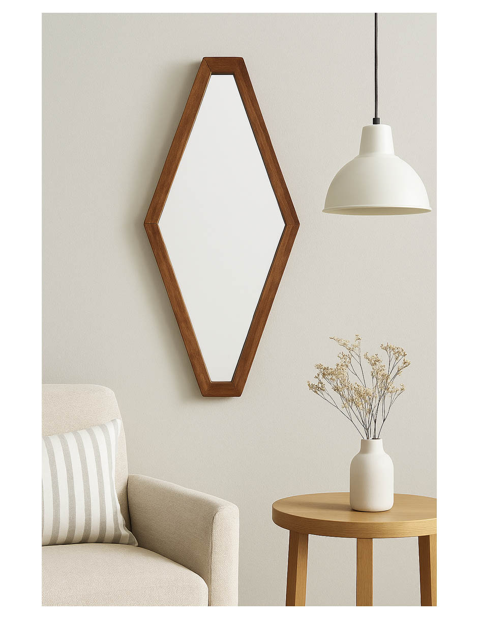 Espejo Decorativo en Forma de Diamante con Marco de Madera