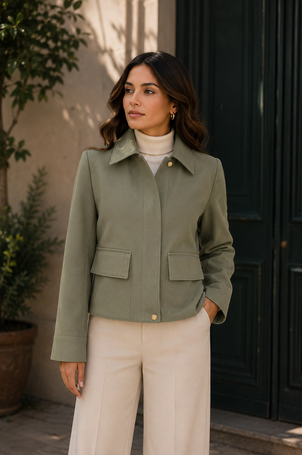 Chaqueta corta estilo militar Merkabá con cuello clásico de Gabardina Talla CH
