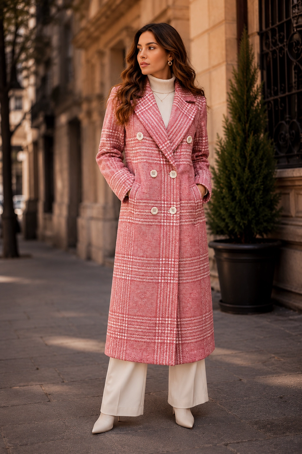 Abrigo largo Merkabá de lana  en cuadros rosa con doble botonadura Talla CH