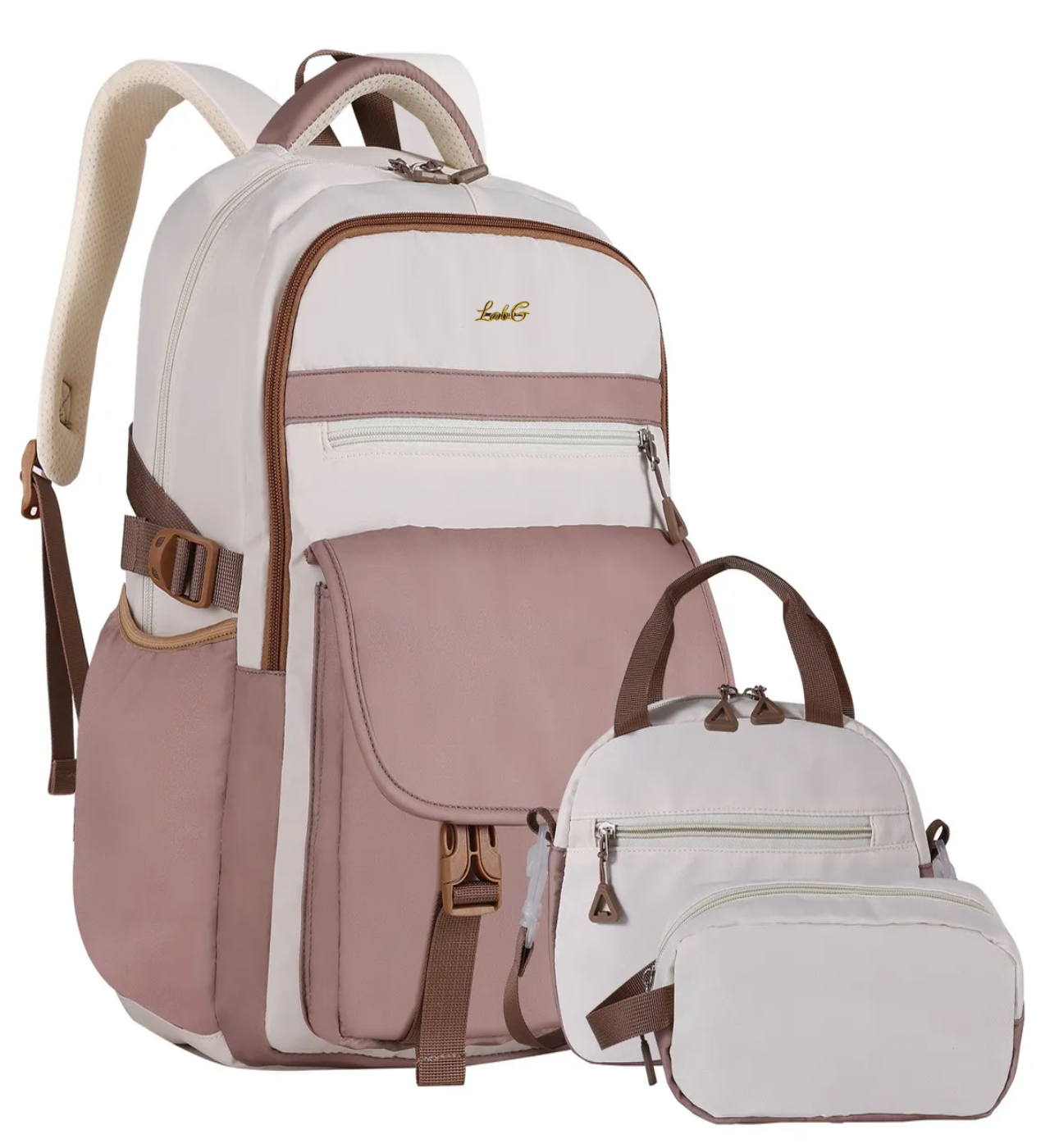 Mochila Escolar Viaje Para Laptop Set De 3 Piezas Marron Beige