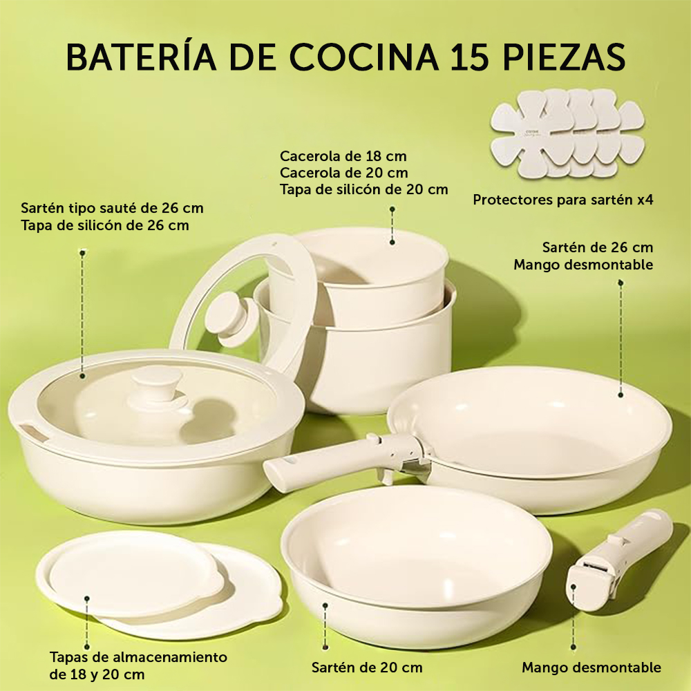 Batería de Cocina Brandtrendy 15 Piezas con Ollas y Sartenes Antiadherentes y Mangos desmontables