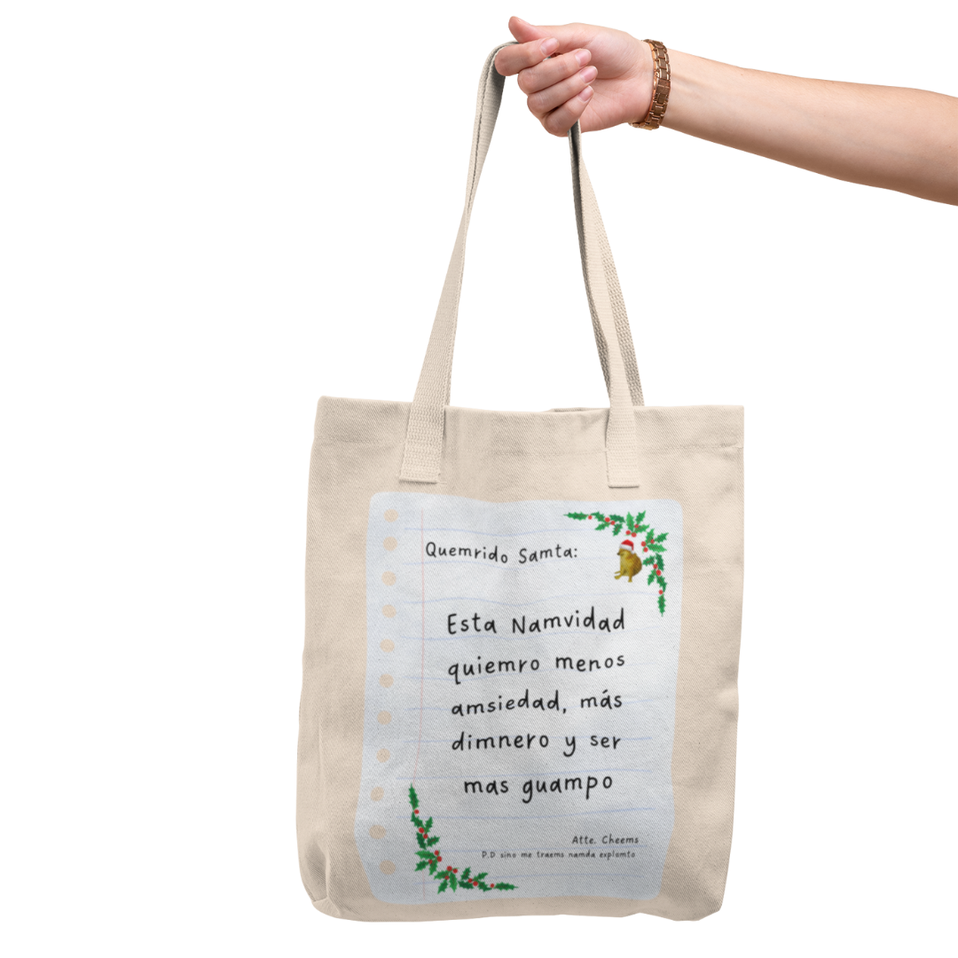 Tote Bag Carta a Santa de Cheems I navidad I perrito Cheems | regalo original | manta beige | Diseño Dtf | Ligera, reusable
