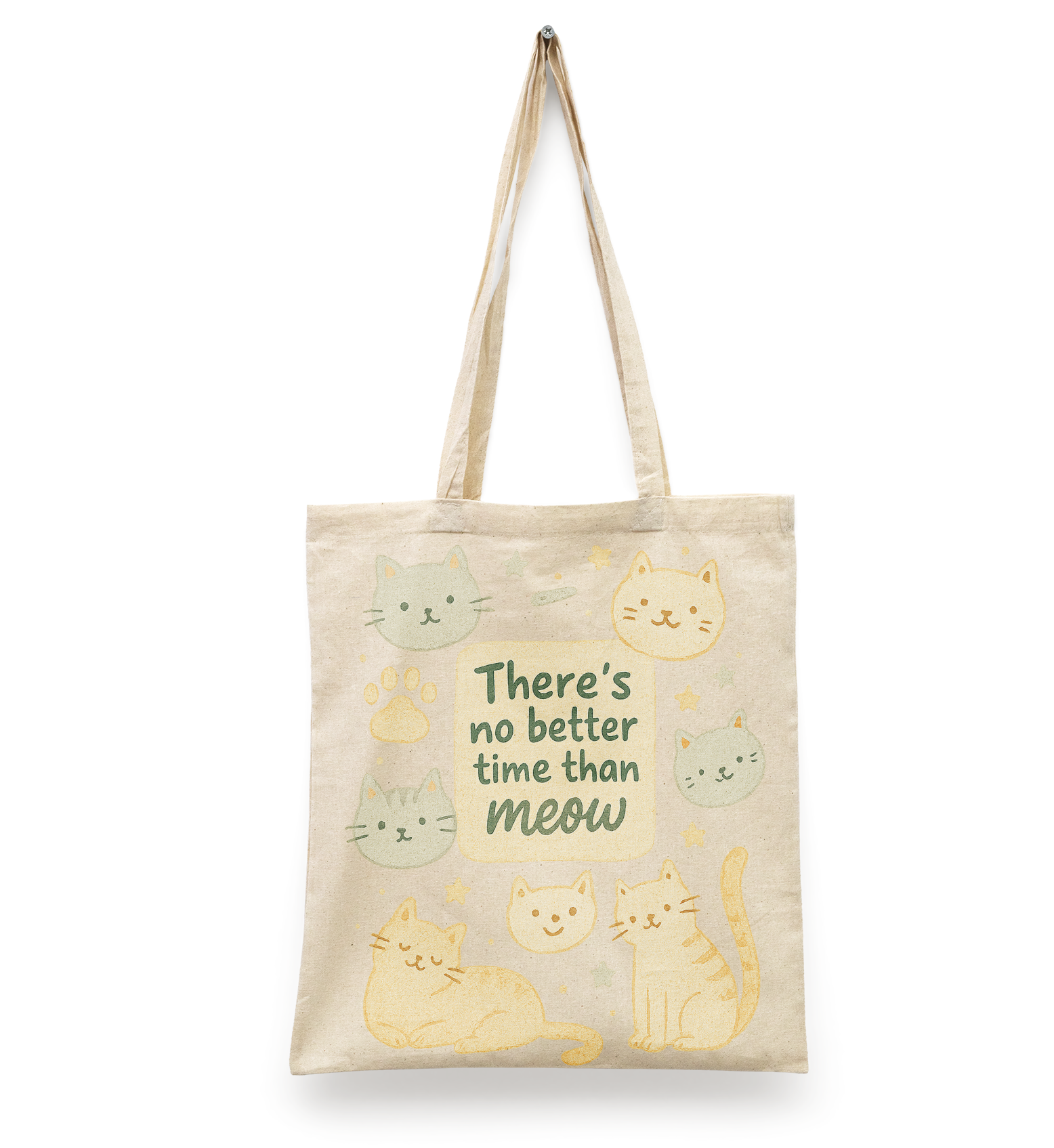 Tote Bag There´s no Better Time than Meow I frase I gatos I creativo | regalo original | manta beige | Diseño Dtf | Ligera, reusable