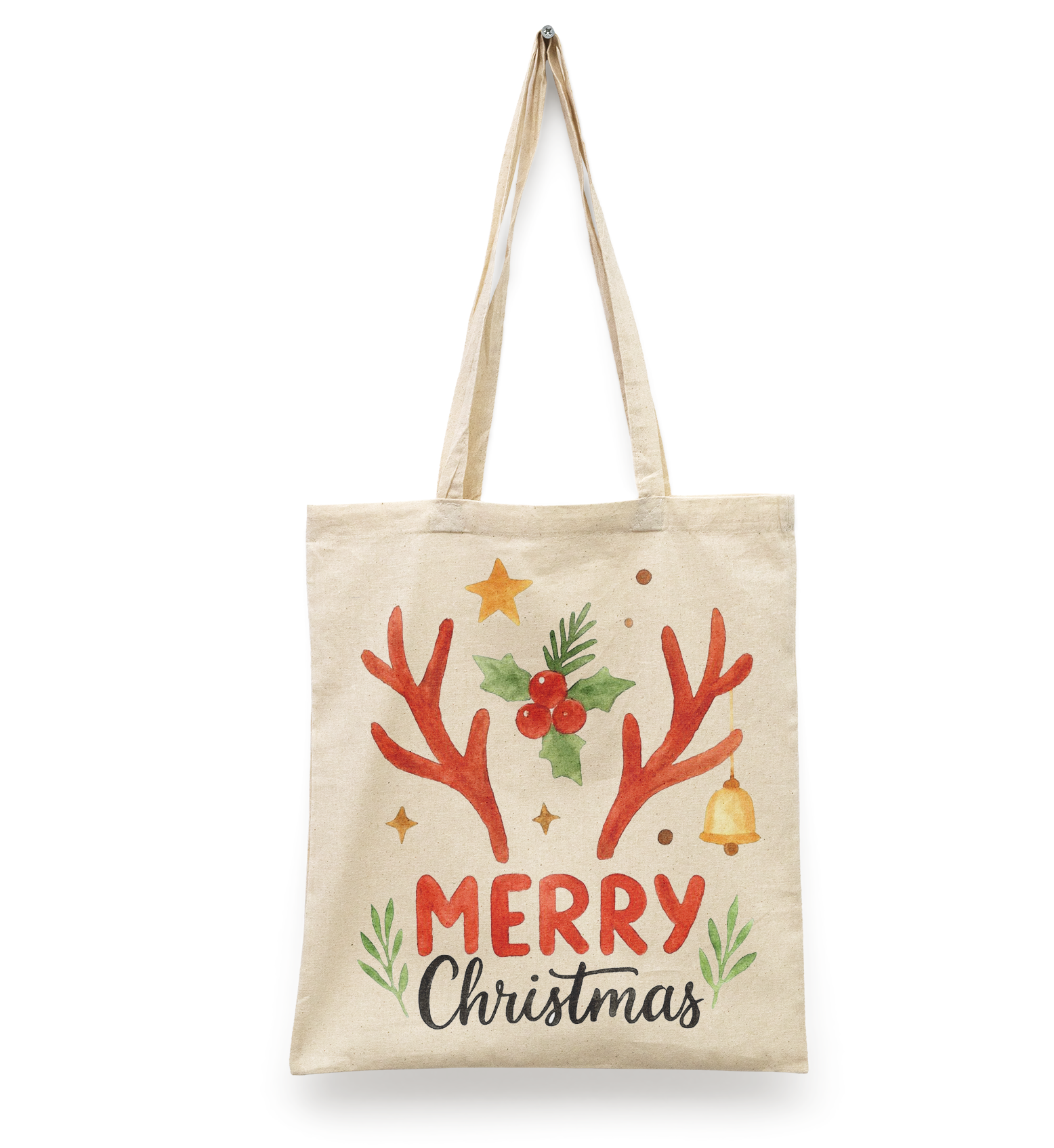 Tote Bag Merry Christmas I frase I astas de reno I creativo | regalo original | manta beige | Diseño Dtf | Ligera, reusable