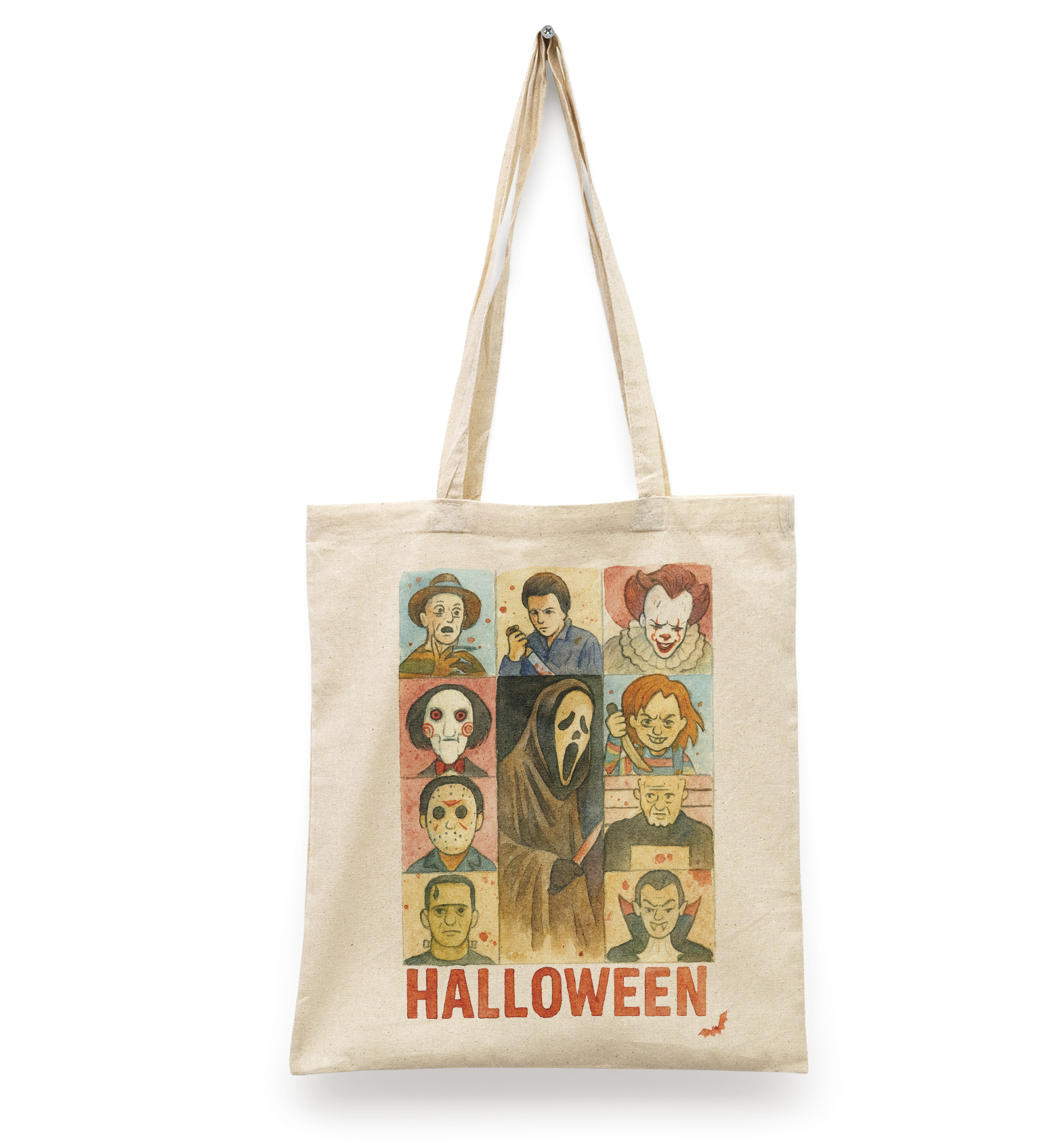 Tote Bag Halloween I Collage Personajes I terror | regalo original | manta beige | Diseño Dtf | Ligera, reusable