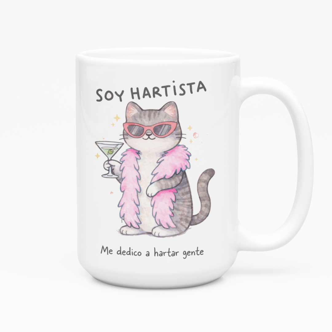 Taza Grande Gato Soy Hartista, me dedico a hartar gente | frase | gato | Frase divertida I meme | Cerámica Blanca 15 oz | Para Café o té