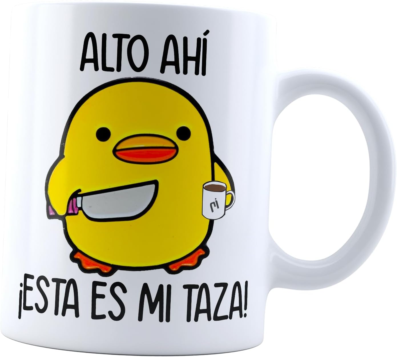 Taza Alto Ahi, Esta es Mi taza | pollito con cuchillo I imagen y Frase divertida | meme I Para Café o té