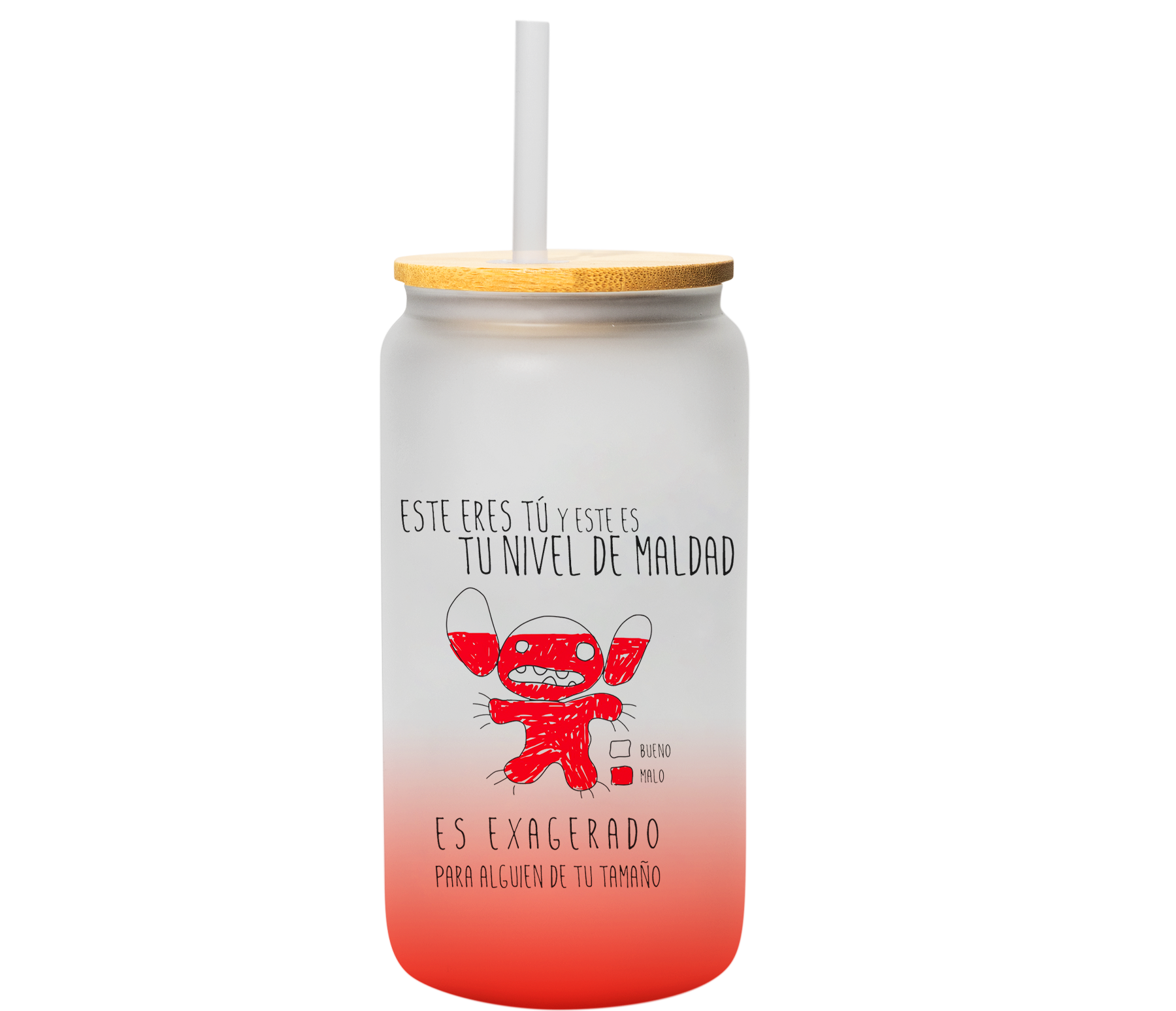 Vaso vidrio glasseado stitch nivel de maldad | lata satinado con popote, rojo | 500 ml | Frase divertida