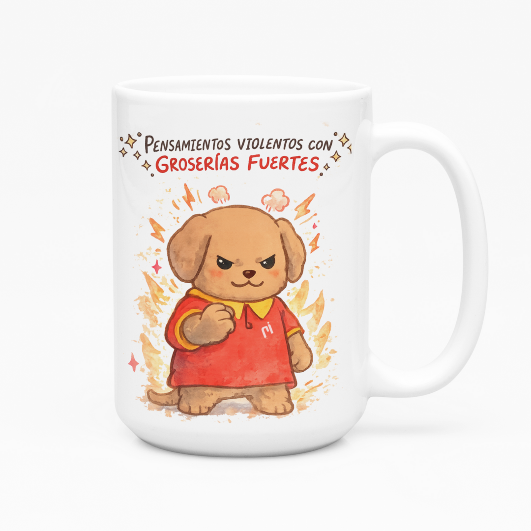 Taza Grande Pensamientos Violentos y Groserías Fuertes | frase | perrito Kesi malvado | Frase divertida I maldad | Cerámica Blanca 15 oz 