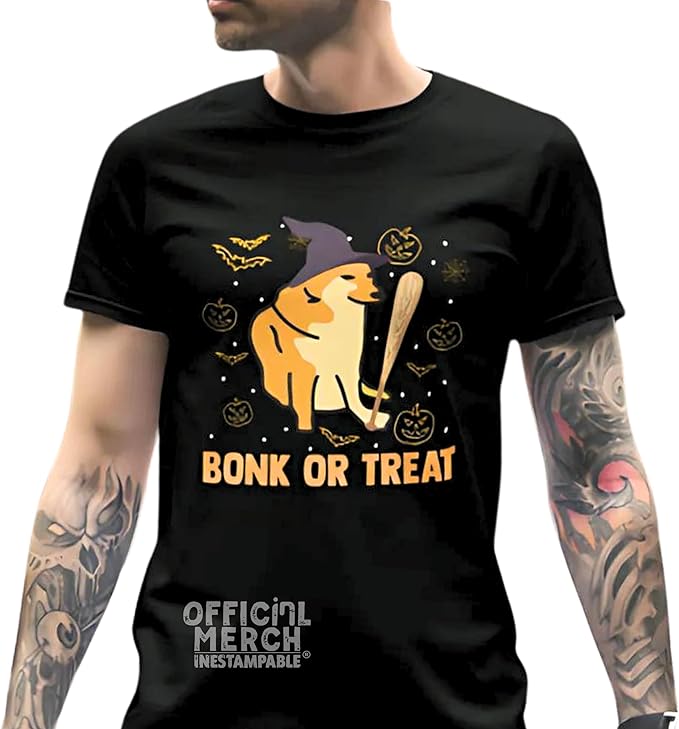 Playera Cheems Bonk or Treat, Dulce o Truco Hallowen, Meme Perrito Doge Unisex