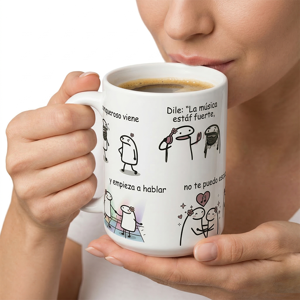 Taza grande Muevelo Flork | Frase Meme Dile que la música está fuerte  | Cerámica Blanca 15 oz | Para Café o té
